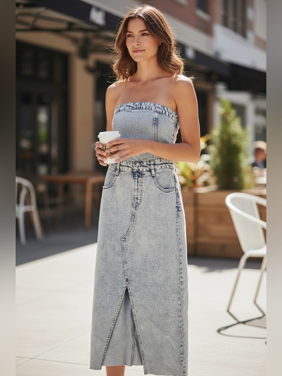 Gianni Bini Dresses & Skirts - GB Gianni Bini Size S Strapless Denim Raw Hem Midi Dress Acid Wash Slit NWT